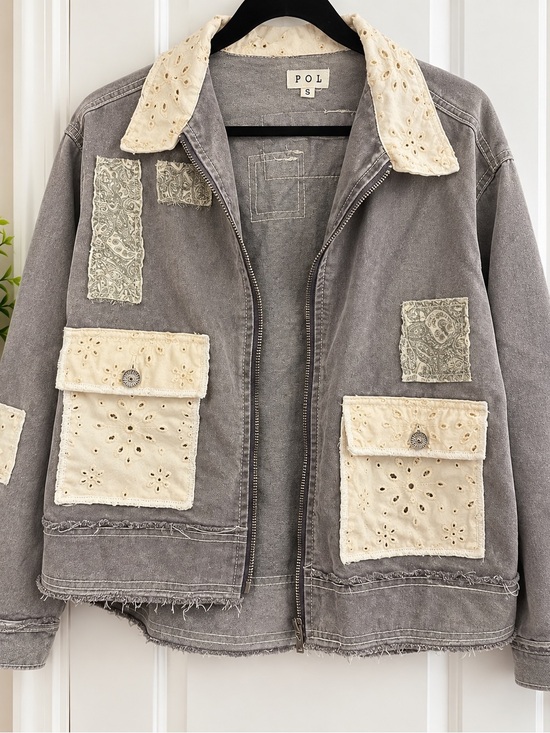 POL Jackets & Blazers - POL Gray Patchwork Jacket Small Eyelet Lace Paisley Boho NWOT